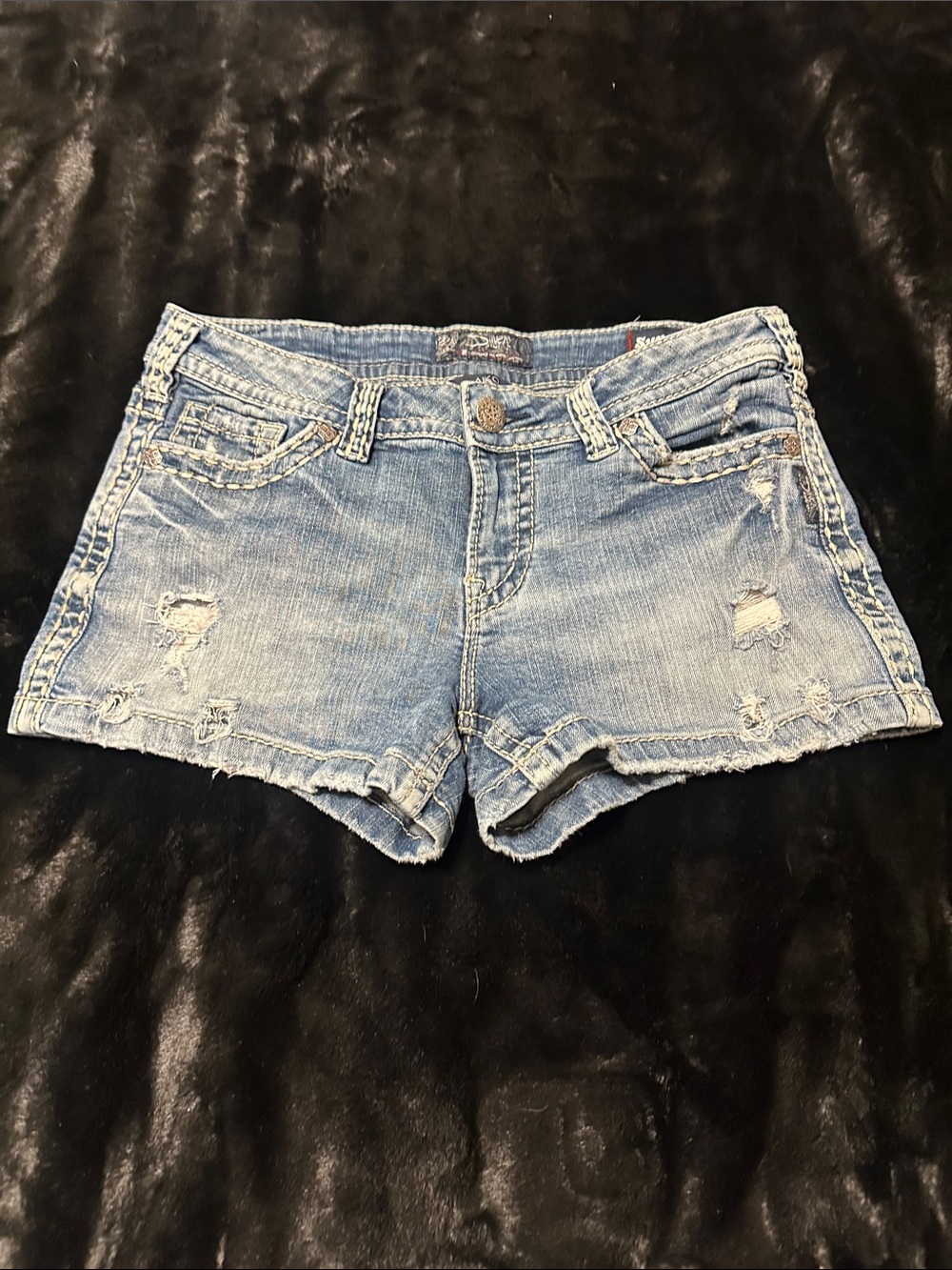 Silver Y2K Aiko Super Stretch Distressed Jean Shorts - Women's Size 31 - Picture 3 of 6